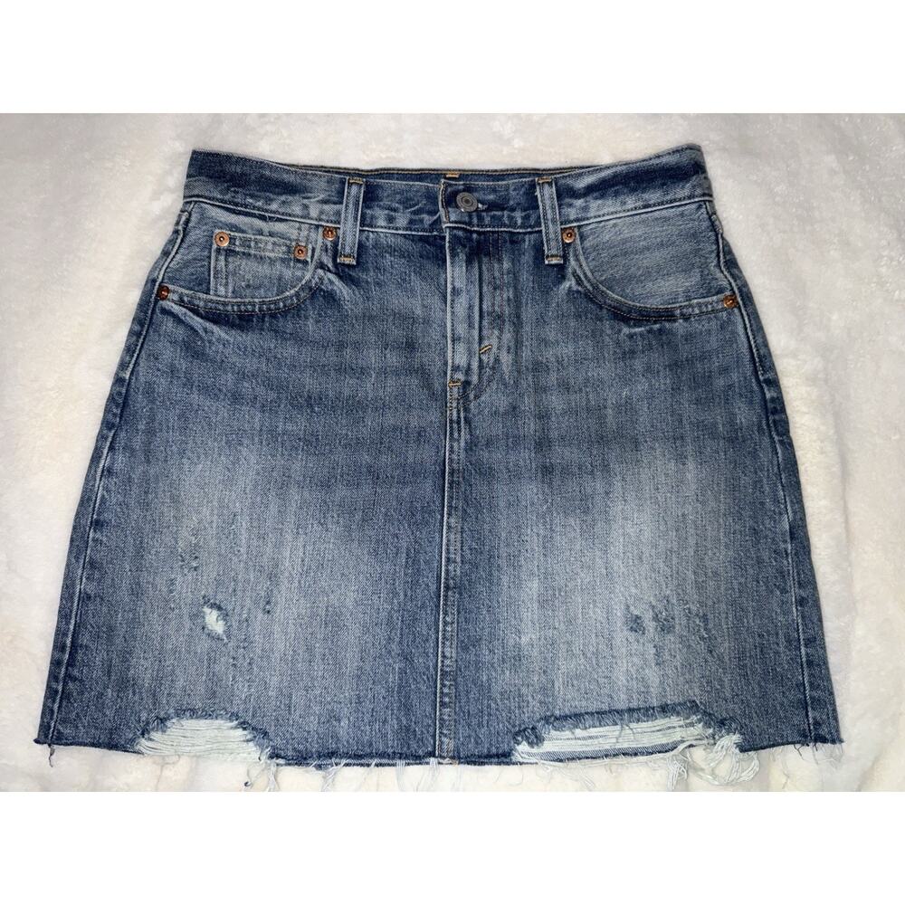 Levis Denim Skirt Womens 26 Blue High Rise Distressed Raw Hem Mini